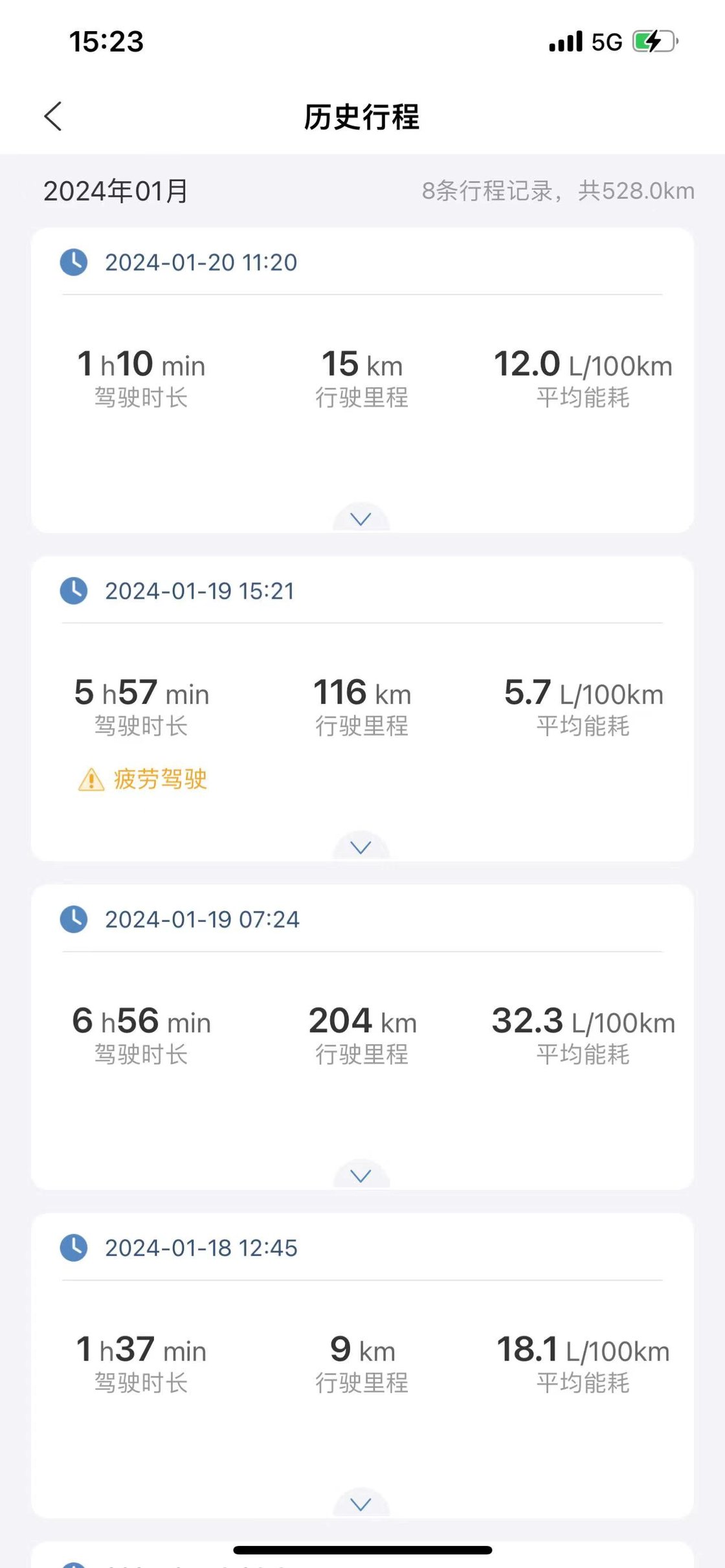 车辆应用中的长途驾驶历史行程截图