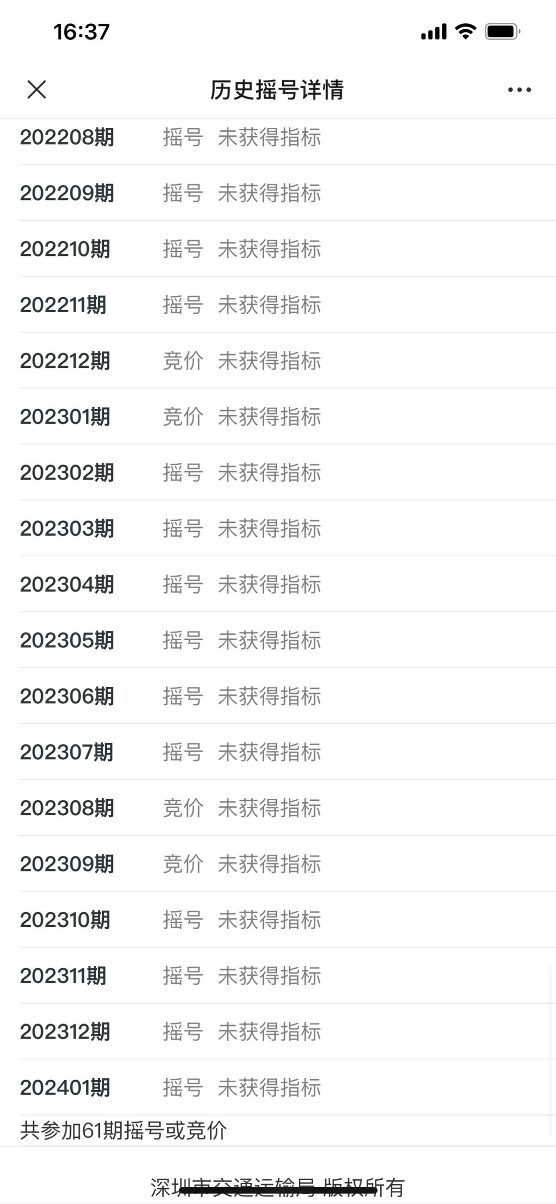 多期机动车摇号未获得指标的记录截图
